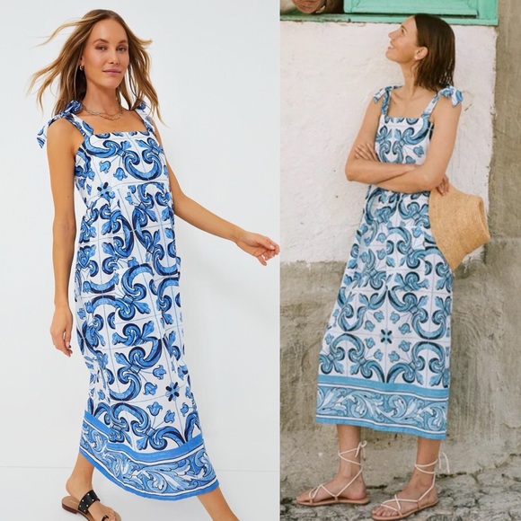 NWT Tuckernuck Beach Majolica Tile Tie Shoulder Tilly Caftan Midi Dress - Picture 1 of 6